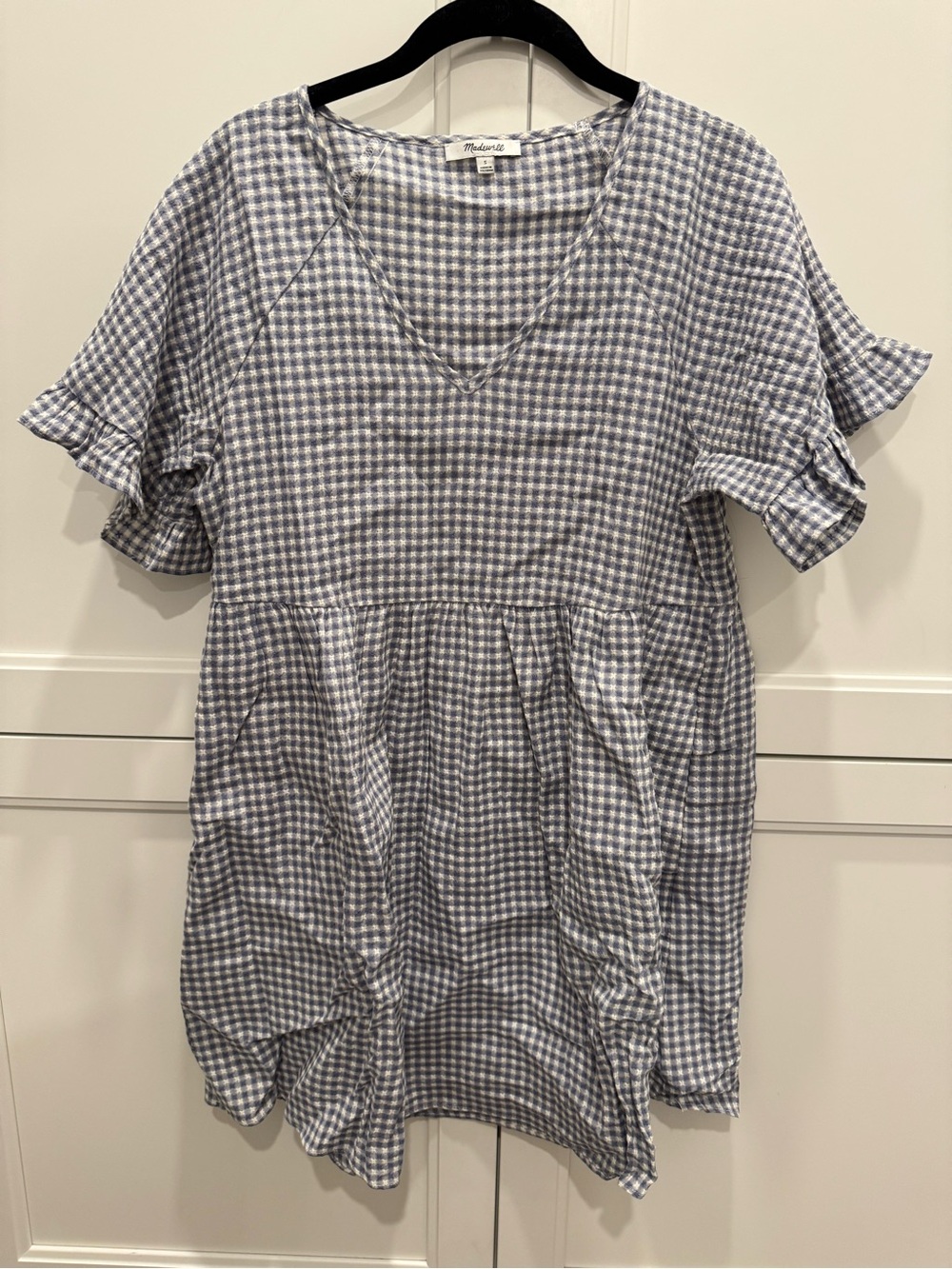 Madewell Blue Gingham Ruffle Sleeve Dress